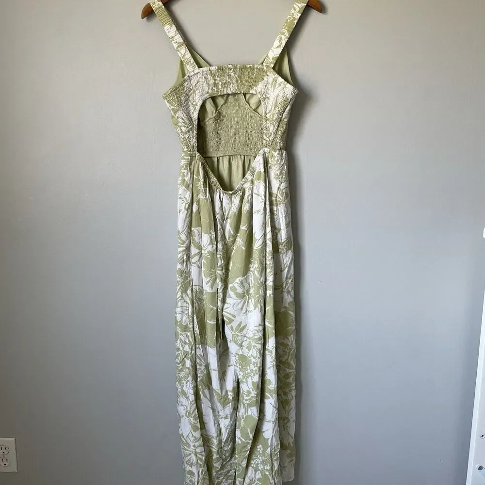 American Eagle Jumpsuit Tropical Floral Print Green White Backless Women's Large - Picture 2 of 13